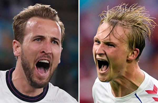 Englands Stürmer Harry Kane (L) gegen Dänemarks Stürmer Kasper Dolberg (R)  - England trifft im Halbfinale der UEFA EURO 2020 am 7. Juli 2021 in Wembley auf Dänemark. (Foto: Olaf Kraak und Alberto LINGRIA / POOL / AFP)